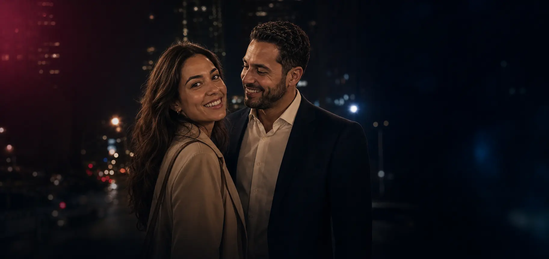 A couple smiling together in a city at night